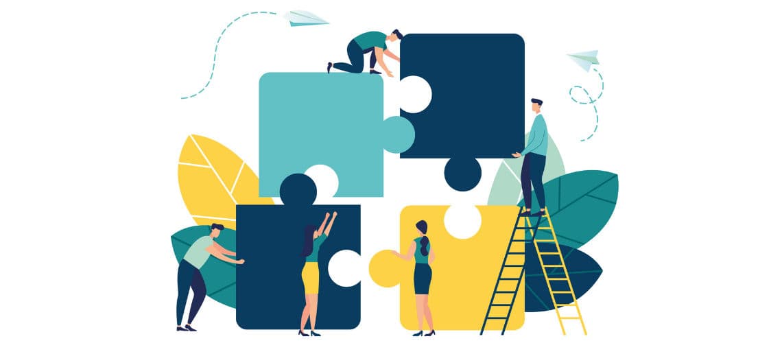Illustration of people assembling a giant puzzle